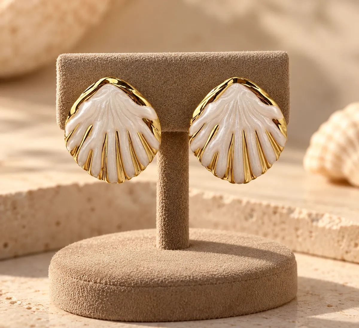 Ivory Tide Shell Stud Earrings – Gold Plated 304 Stainless Steel with Enamel